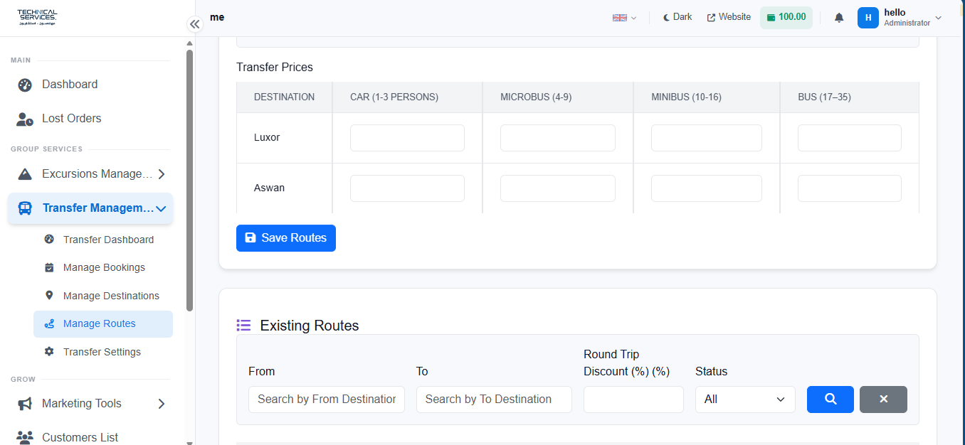 Easy Trips admin — dynamic transfer pricing routes
